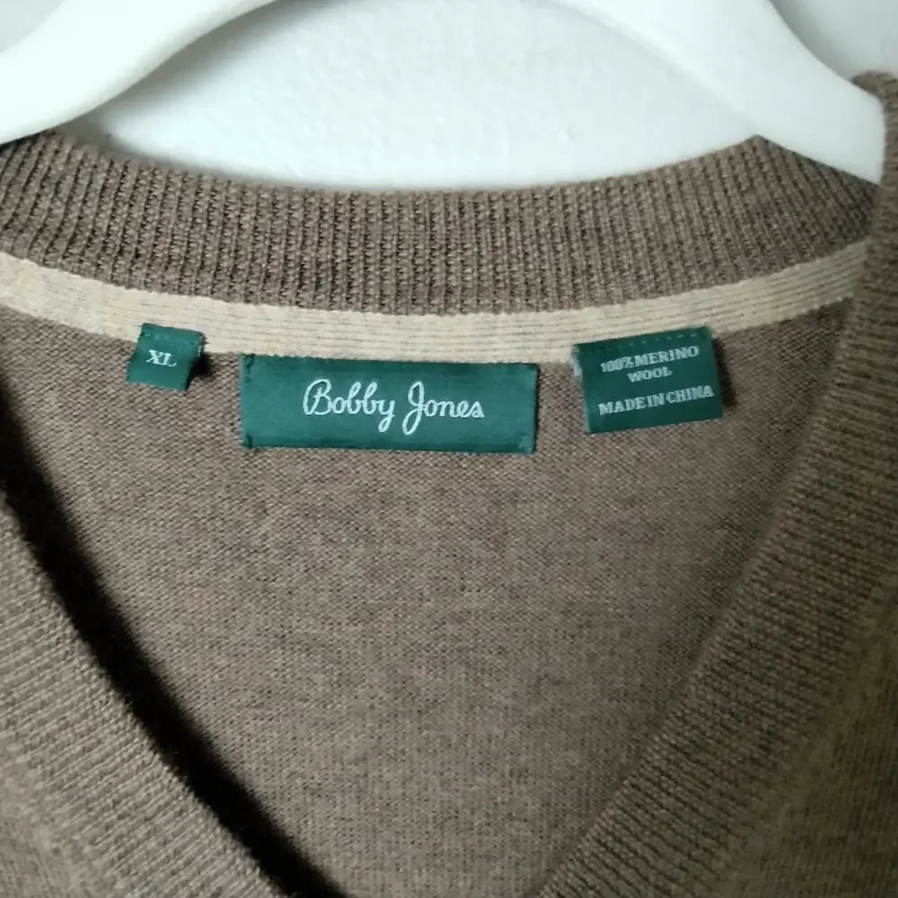 Bobby Jones 100% Merino Wool Men's XL Brown V Neck Grandpa Golf Sweater Argyle